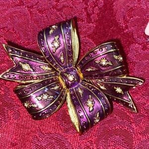Vintage JOAN RIVERS Purple Enamel & Rhinestoned Bow Broach